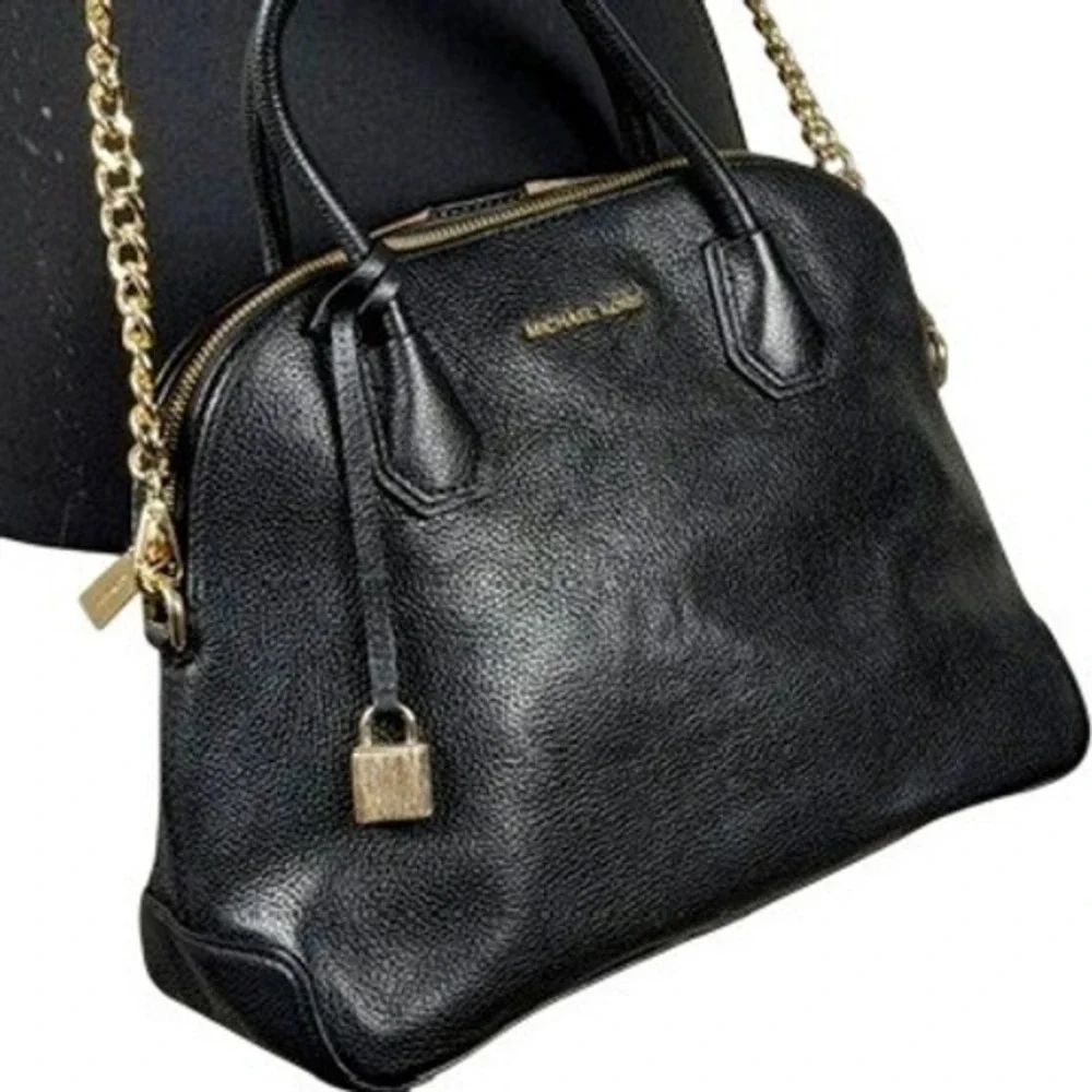 Michael Kors Mercer Black Pebbled‎ Leather Dome Satchel Crossbody Bag Gold Chain - Picture 3 of 11